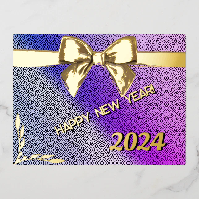 Happy New Year 2024 ribbon, gold and Moroccan bg Foil Holiday Postcard