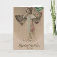 French Happy New Year Fairy Girl Vintage Holiday Card