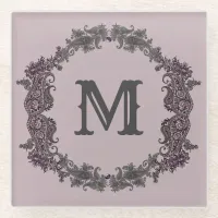 Elegant Purple and Silver Framed Monogram  Glass Coaster