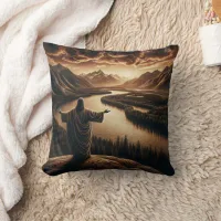 Jesus Overlooking the Serene River Valley at Dusk Throw Pillow