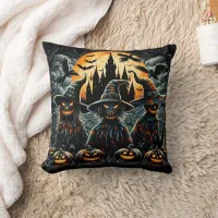 Halloween scarecrow trio in spooky moonlight throw pillow