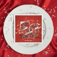 Vibrant Glittery Ruby Red and Silver 50th Birthday Napkins