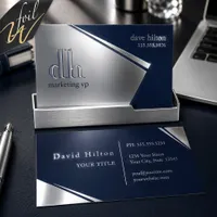 Silver Foil Navy Blue Executive Monogram Business Cards