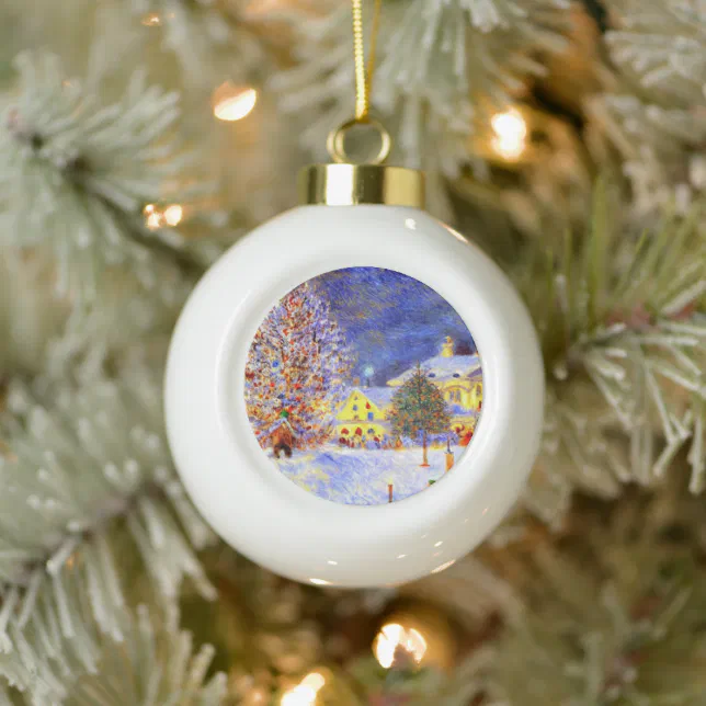 Village in winter ceramic ball christmas ornament