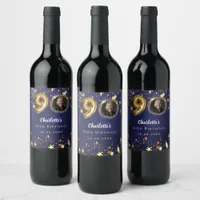 90th birthday navy blue gold stars photo wine label