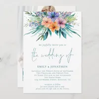 Tropical Florals Photo QR Code Teal Wedding Invitation