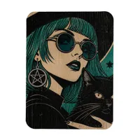 A witch with her black cat Woodblock print Magnet