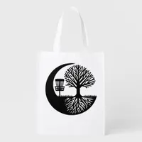 Black and white Disc Golf & Tree Roots Silhouette  Grocery Bag