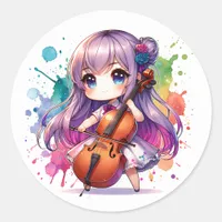 Cute Anime Girl Playing Cello Classic Round Sticker