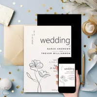 Minimalist Modern Floral Dusty Blue and Buff   Invitation