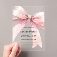 Pink bow cream clear Quinceanera Acrylic Invitations