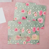 Vintage Pink Roses on Gold Teal Damask Custom Name File Folder