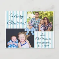 Merry Christmas  Family Photo Blue Bow Postcard