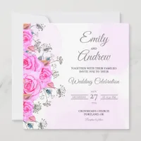 Pink Rose Wildflower Watercolor Square Wedding Invitation