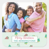 Mint Pink Teal Christmas Pattern Holiday Photo Square Sticker