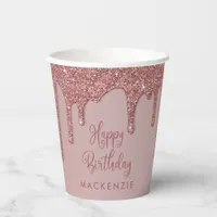 Chic Rose Gold Sparkle Glitter Drips Birthday Paper Cups