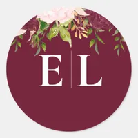 Burgundy Blush Gold Floral Monogram Wedding Classic Round Sticker