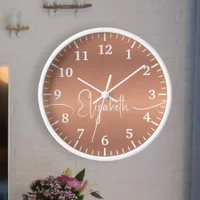 Girly Brushed Copper Metal White Monogram Name  Clock