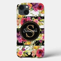 Girly Burgundy Floral Pattern Stripe Monogram Name iPhone 13 Case