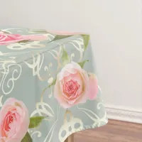 Vintage Pink Roses On Gold Teal Damask Pattern Tablecloth