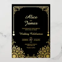 Mandala Border Black Gold Foil Wedding Invitation