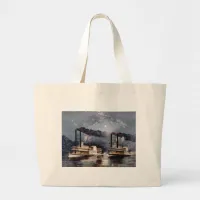 Vintage Steamboat Racing on Mississippi River Large Tote Bag