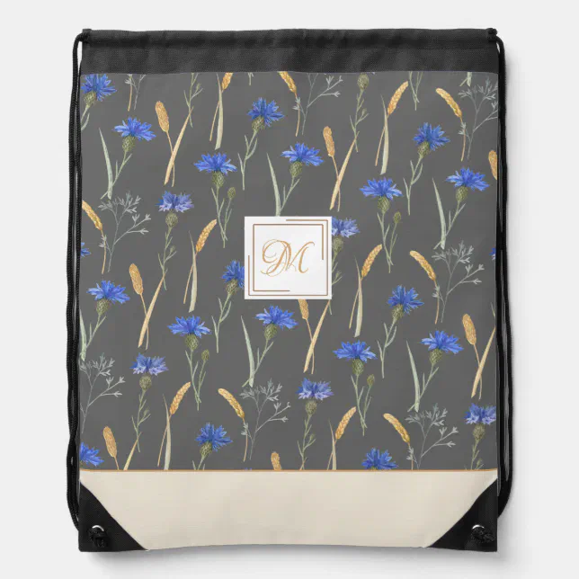 Grey Floral Wildflower Customized Monogram Drawstring Bag