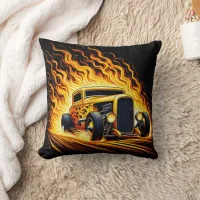 Classic hot rod speeding through fiery backdrop throw pillow