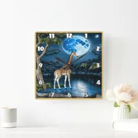 Giraffe Standing by River Under Moonlit Sky Square Wall Clock