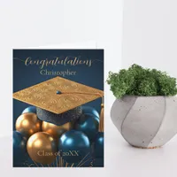 Chic Navy and Gold Graduation Cap and Balloons Card