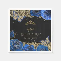 Vintage Blue Roses Black Gold Lace Quinceañera Napkins