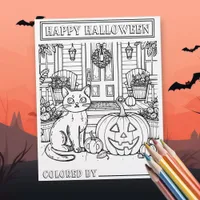 Halloween Cat and Pumpkin Coloring Page 