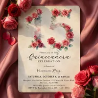Vintage Watercolor Red Pink Rose Quinceañera Invitation