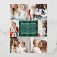 Green Gold Plaid Non Traditional Photo Collage  Foil Holiday Postcard