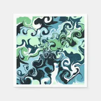 Blue, Green and White swirls Abstract Fluid Art    Napkins