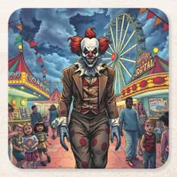 Spooky Clown at Carnival Comic Style Square Paper Coaster