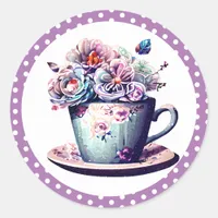 Pretty Antique Teacup with Vintage Flowers  Classic Round Sticker