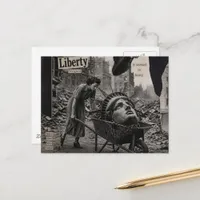 Sad Statue of Liberty in Wheelbarrow B&W Collage Postcard