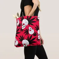 Weed Leaf Herbal Plant and Skulls on Red Tote Bag