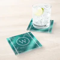 Festive Light Blue Foil Snowflakes Monogram Name Glass Coaster