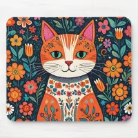 Whimsical Folk Art Cat and Flowers Mouse Pad