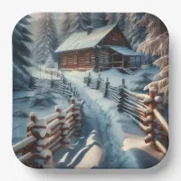 Winter Log Cabin on a Snowy Day Christmas Paper Plates