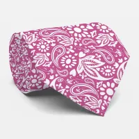 Cassis Mulberry and White Romantic Paisley Pattern Neck Tie