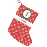 Wreath Monogram Your Name Red & White Snowflakes Small Christmas Stocking