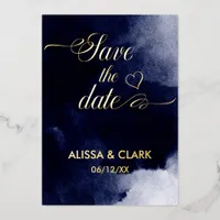 Modern Abstract Watercolor Navy Save The Date Foil Invitation