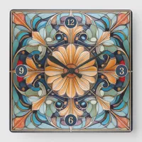 Colorful Floral Tile Pat#8 Blue Apricot ID1078 Square Wall Clock