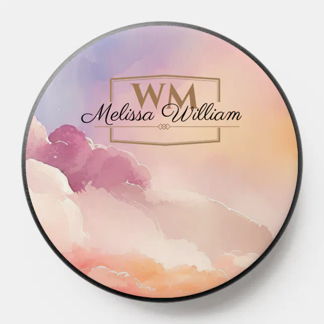 Watercolor Clouds Black Gold Monogram Name Script PopSocket