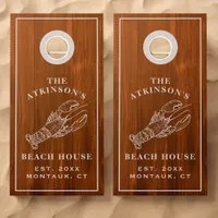 Coastal Lobster Beach House Brown Wood Family Name Cornhole Set