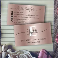 Modern Rose Gold Brushed Metal Girly Glam Monogram Business Card