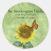 Pretty Yellow Sunflower and Orange Butterfly Classic Round Sticker